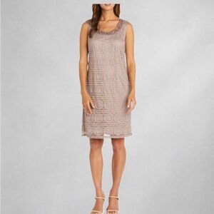 R&M Richards Champagne Beaded Lace Sheath Dress Size 12 Formal Party NWT